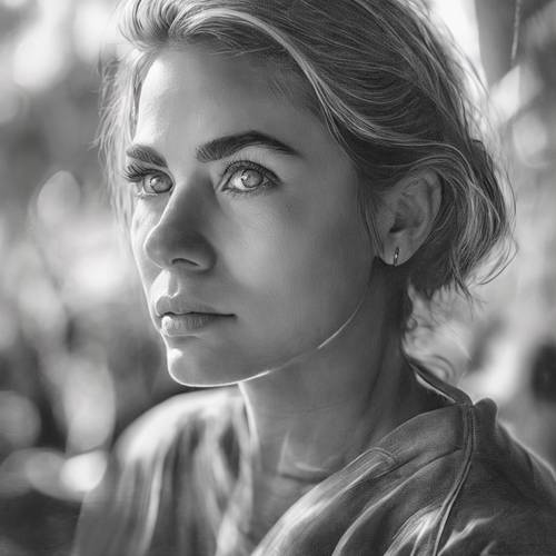 A woman featuring her pencil-drawn portrait, with eyes that seem to carry a world full of stories.