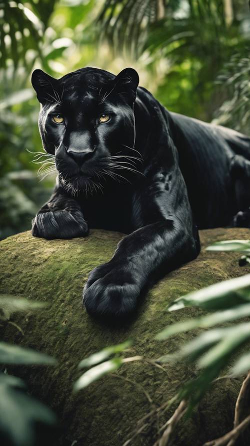 A large, majestic black panther resting calmly in the dense, lush greenery of a rainforest. Tapeta [fdfbc4fa292c4876bbcb]