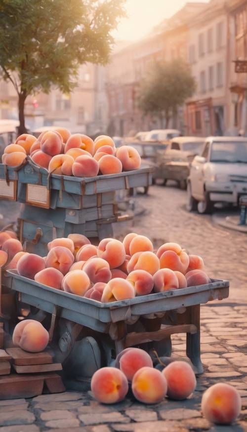 A group of cute peaches in a sleepy town square, depicted in a soft watercolor animation style, with the dreamy dusk light.