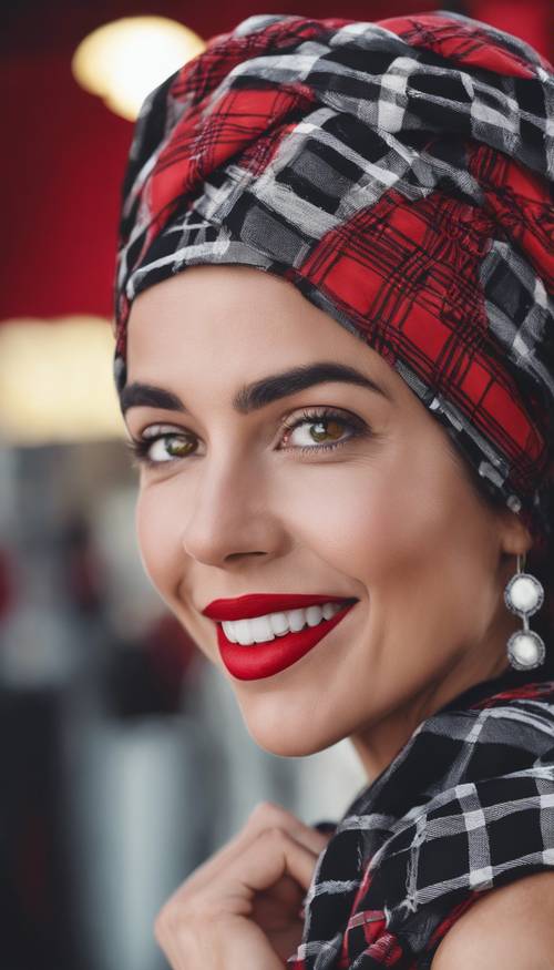 A smiling woman wearing a chic red and black checkered headscarf and matching lipstick. Tapeta [e21b1d81eb48455c96c7]