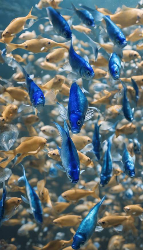 Beslenme çılgınlığı içinde yüzeye fırlayan bir kobalt mavisi balık sürüsü.