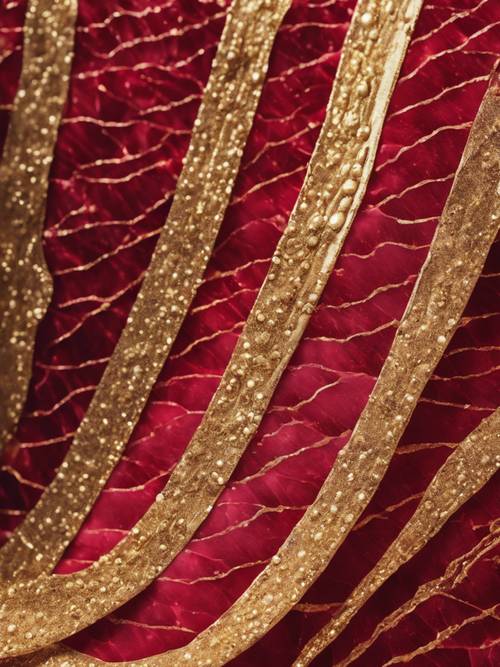 Parıldayan altın damarlarla iç içe geçmiş kiraz kırmızısı kadifeden oluşan zengin bir mozaik.