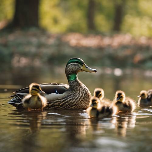 A proud mallard duck leading her ducklings in a row down a tranquil forest stream.