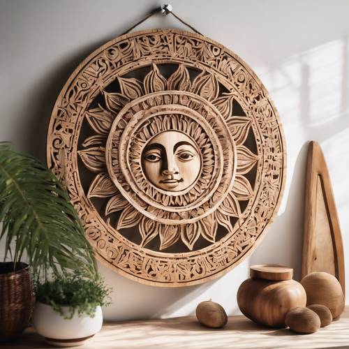 Boho sun-carved wooden hanging against a white wall, providing a warm, organic aesthetic.
