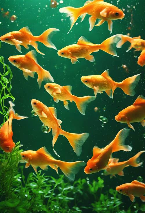 A shimmering swarm of goldfish weaving through bright green water plants
