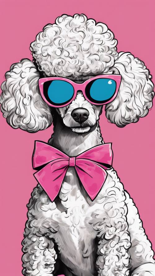 Ręcznie rysowana kreskówka przedstawiająca bezczelnego pudla w okularach przeciwsłonecznych i różową kokardką na głowie.