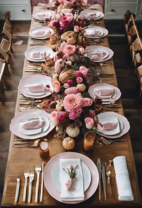 Vue de dessus d&#39;une table à manger de Thanksgiving avec une pièce maîtresse florale rose.