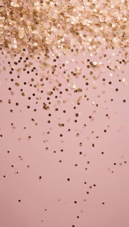 Nieostry obraz przedstawiający złote konfetti w kropki delikatnie opadające na różowe tło.