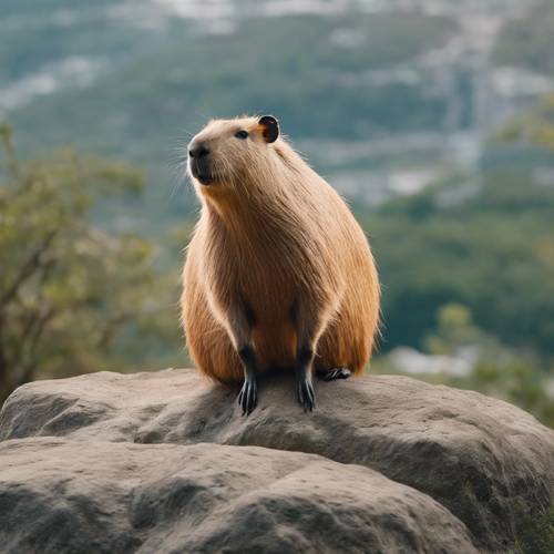 Seekor kapibara dengan anggun berdiri di atas singkapan batu, menghadap ke wilayahnya.