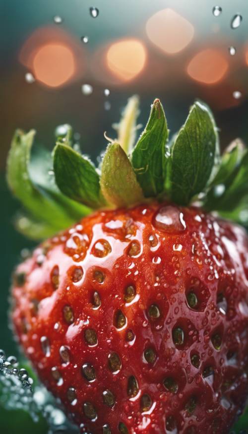 A close-up view of a ripe, juicy strawberry with aesthetic droplets of dew against a soft-focus garden background.