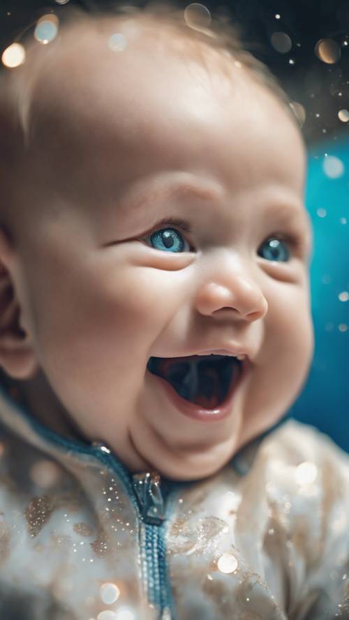 A laughing baby with sparkling blue eyes and chubby cheeks.