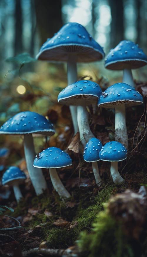一簇迷人的藍色蘑菇在神秘的林地中發出柔和的光芒。 牆紙 [0be72575a5a444348451]