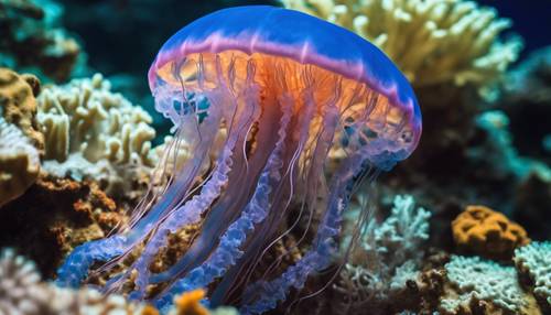 מדוזה כחולה ליד שונית אלמוגים, צבעה התוסס מנוגד לצבעים המגוונים של האלמוגים.