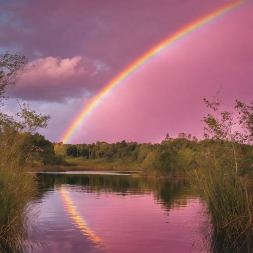 Glistening pink rainbow in a calm, reflective lake.
