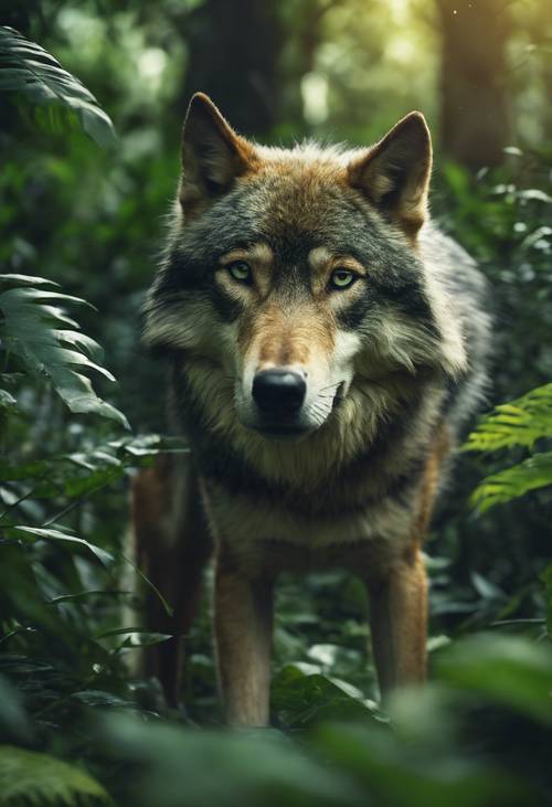 무성한 정글 한가운데에서 사냥을 하고 있는 수척한 녹색 늑대입니다. 벽지 [46f44ebccbf64fc686ee]