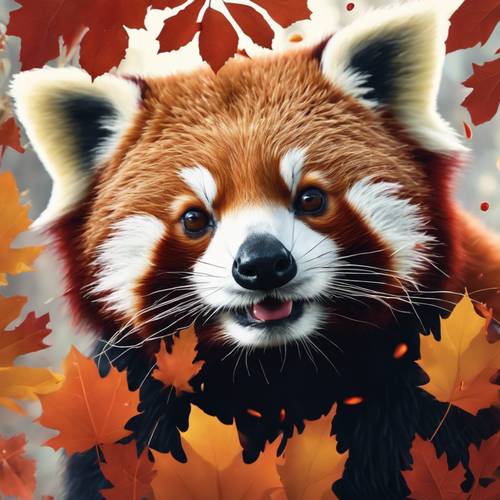赤いパンダが秋の葉っぱで顔を囲まれながら実を食べている様子壁紙
