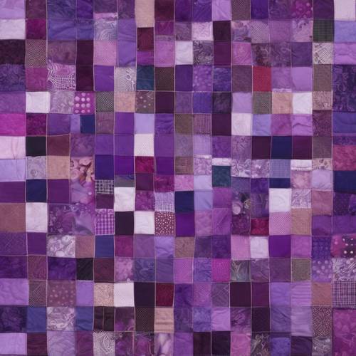 Una colcha de retazos que utiliza una variedad de patrones de tela de color púrpura.