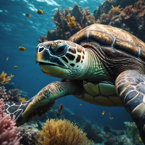 Uma tartaruga marinha gigante, carregando um ecossistema vibrante de plantas marinhas em sua carapaça, viajando pela natureza selvagem oceânica profunda.