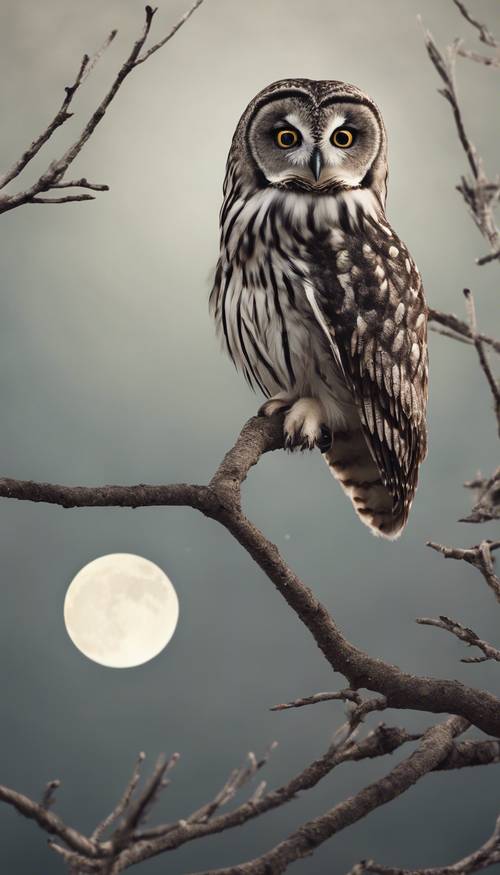 Pemandangan minimalis yang tenang dengan burung hantu di dahan telanjang di bawah bulan purnama.