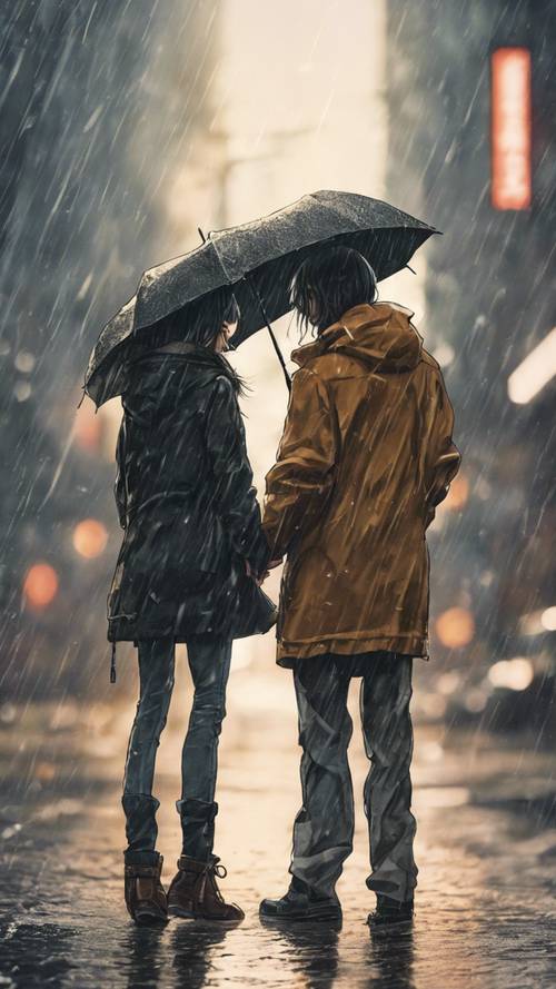 Um desenho dramático de um casal de anime discutindo sob uma chuva torrencial.