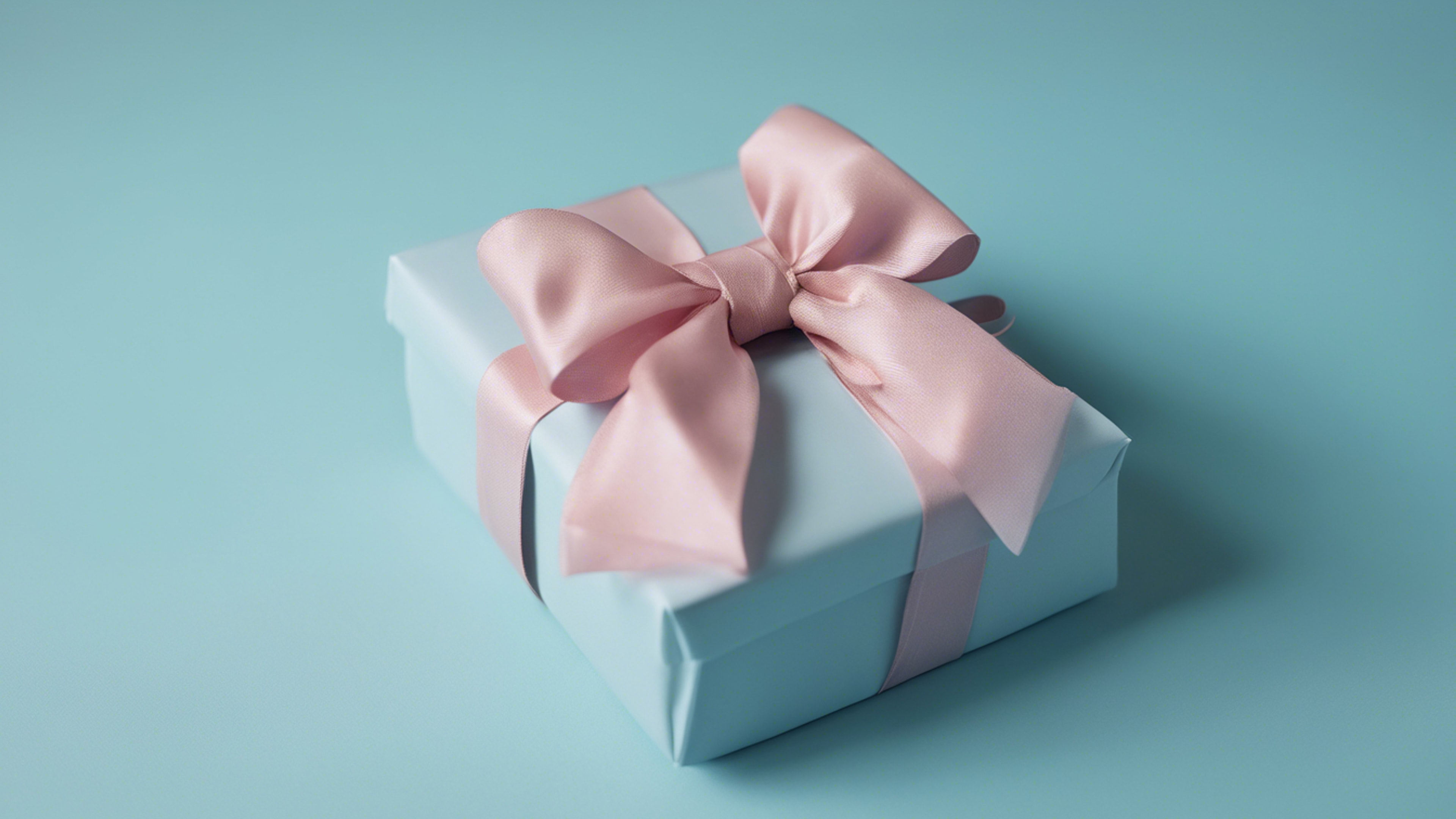 A beautifully wrapped birthday present with an intricate bow, on a pastel blue background. Tapetai[d34ba8ab0f7544de8d69]