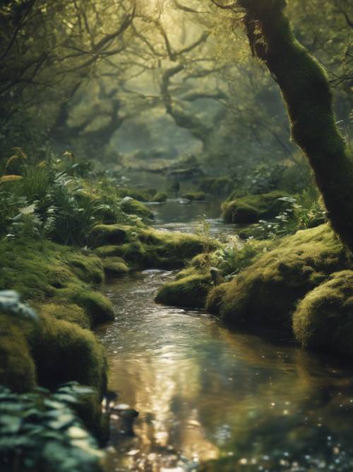 一条宁静的小溪潺潺流过一片魔法森林，周围是嬉戏的奇妙精灵生物。