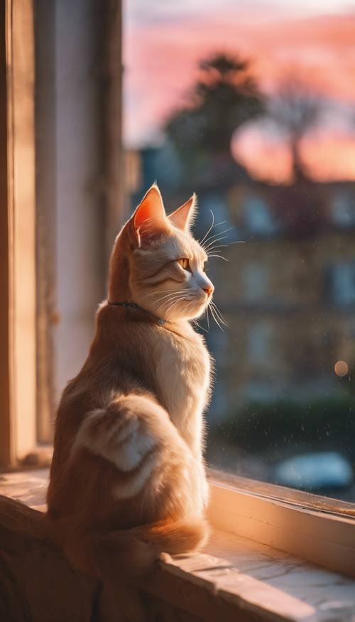 Un viejo gato de mármol sentado junto a un ventanal, contemplando una vibrante puesta de sol con un toque de melancolía.