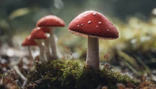 Ilustrasi detail jamur merah, menunjukkan tekstur dan variasi warnanya.