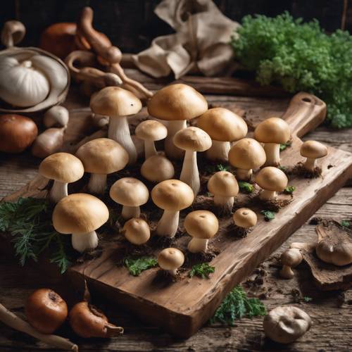 Cogumelos comestíveis gourmet sobre uma tábua de madeira rústica, preparados para uma saborosa refeição caseira.