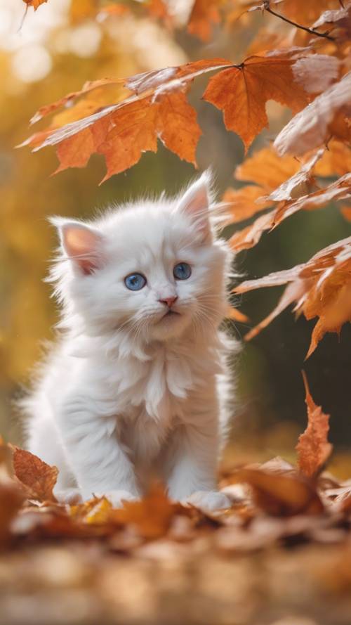 A fuzzy Turkish Angora kitten playing with a fluttering autumn leaf, among a lively fall foliage background.