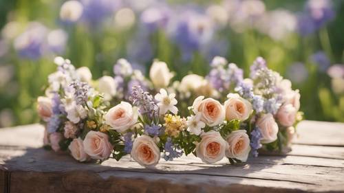 A crown made of fresh spring flowers on a wooden table outdoors.