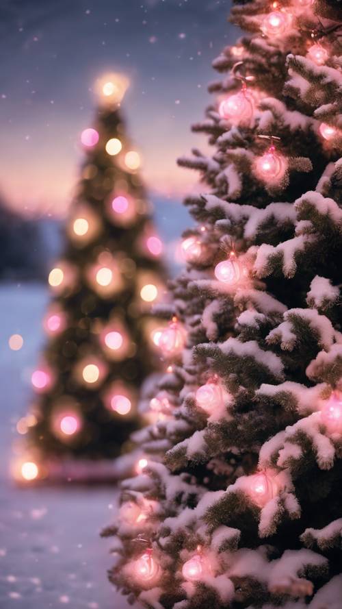 Karla kaplı ve pembe peri ışıklarıyla aydınlanan bir Noel ağacı çiftliği.