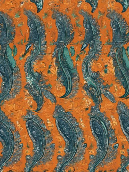 A paisley wallpaper that exudes tropical vibes with its palette of firey oranges, rich greens, and deep blues.