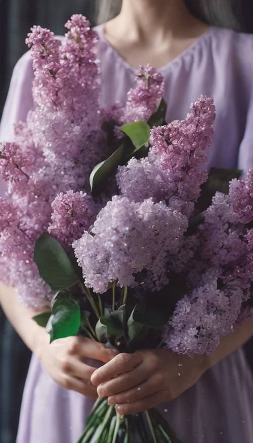 Uma mão segurando um buquê de flores lilás, com glitter caindo.