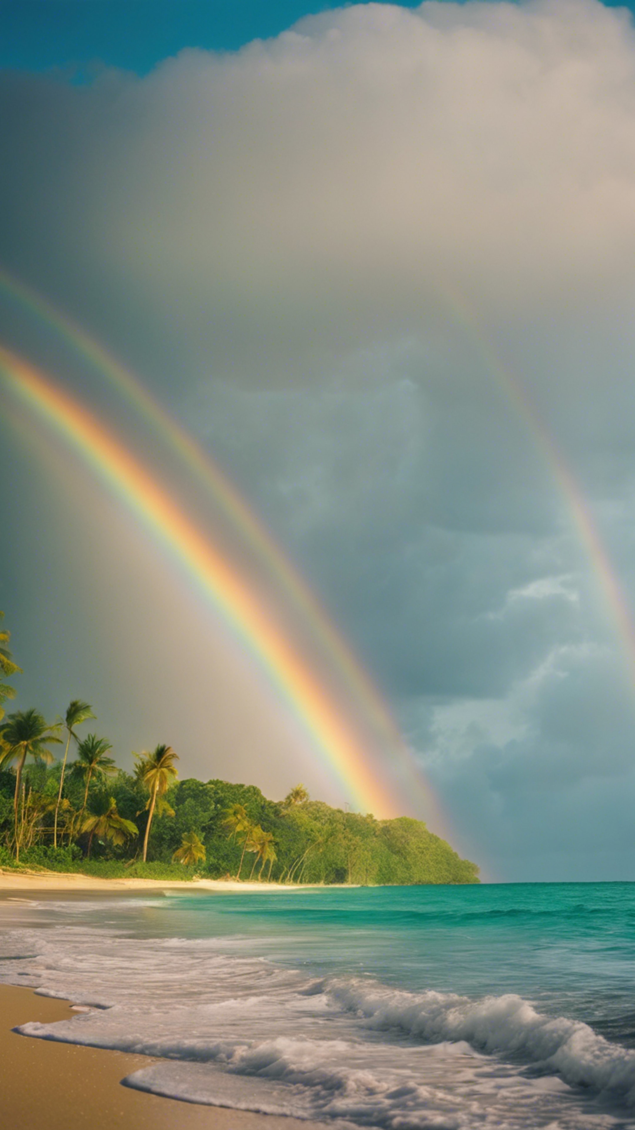 A double rainbow following a summer storm at a lush tropical beach. Wallpaper[dc773b9d67a34ffca127]