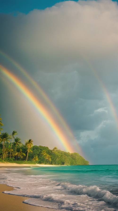A double rainbow following a summer storm at a lush tropical beach.