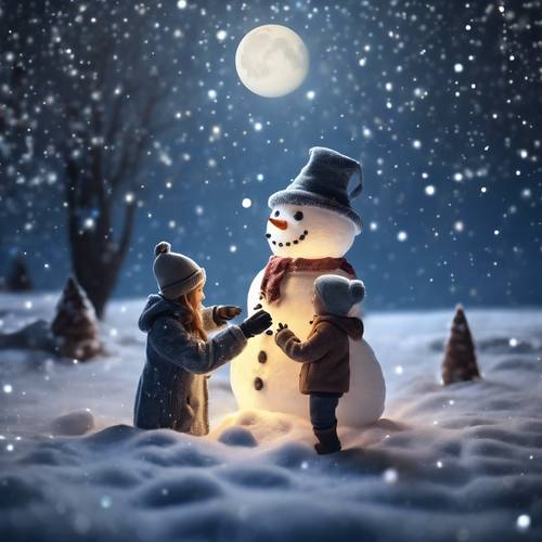 A couple building a snowman under the moonlit night, their figures illuminated by hundreds of surrounding twinkling stars.