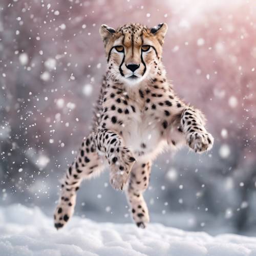 Seekor cheetah merah muda membeku di tengah lompatan, butiran salju putih menghiasi bulu dan tanah di sekitarnya.