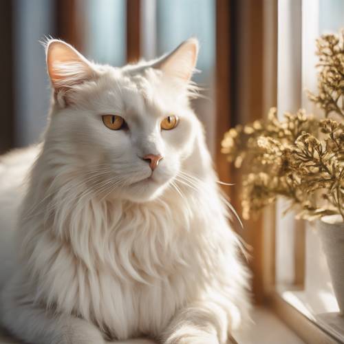 Eine bezaubernde weiße Katze mit goldenem Fell auf dem Kopf, das eine löwenartige Mähne bildet und das Sternzeichen Löwe repräsentiert, sitzt in einem sonnenbeschienenen Fenster.