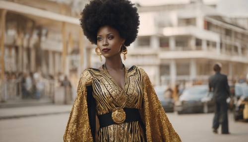 Seorang wanita berambut afro mengenakan gaun tradisional Afrika berwarna hitam dan emas.