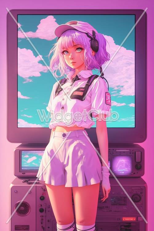 헤드폰과 복고풍 TV를 갖춘 다채로운 애니메이션 스타일 소녀
