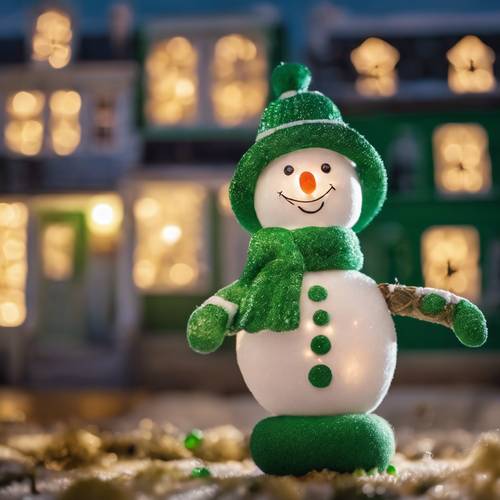 A joyful green snowman decoration in front of vividly lit houses.