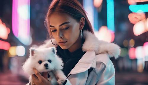 A trendy young woman in a futuristic neon cityscape, holding a cute white robotic pet dog.