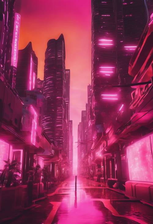 Eine futuristische urbane Stadtlandschaft, die in einer strahlenden Aura aus rosa und orangefarbenen Lichtern erstrahlt.