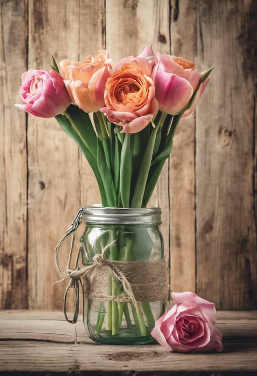 Una composizione di rose, tulipani e gigli in un barattolo di vetro vintage su uno sfondo di assi di legno.