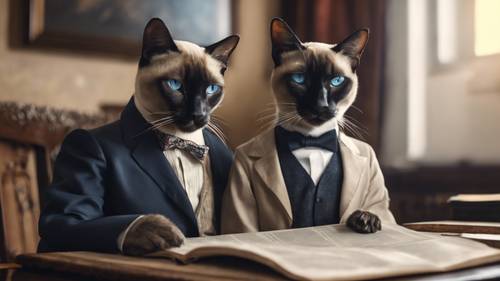 An oil painting of a sophisticated Siamese cat wearing an old-fashioned suit and monocle, reading a newspaper in a study room.
