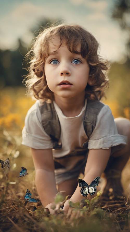 An image of a child's innocent, curious eyes gazing at a butterfly. Tapéta [7520b9015f944a7cb45c]