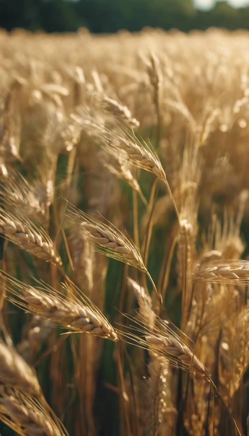陽光普照的田野裡一簇成熟大麥的特寫鏡頭，遠處是綠色的森林。