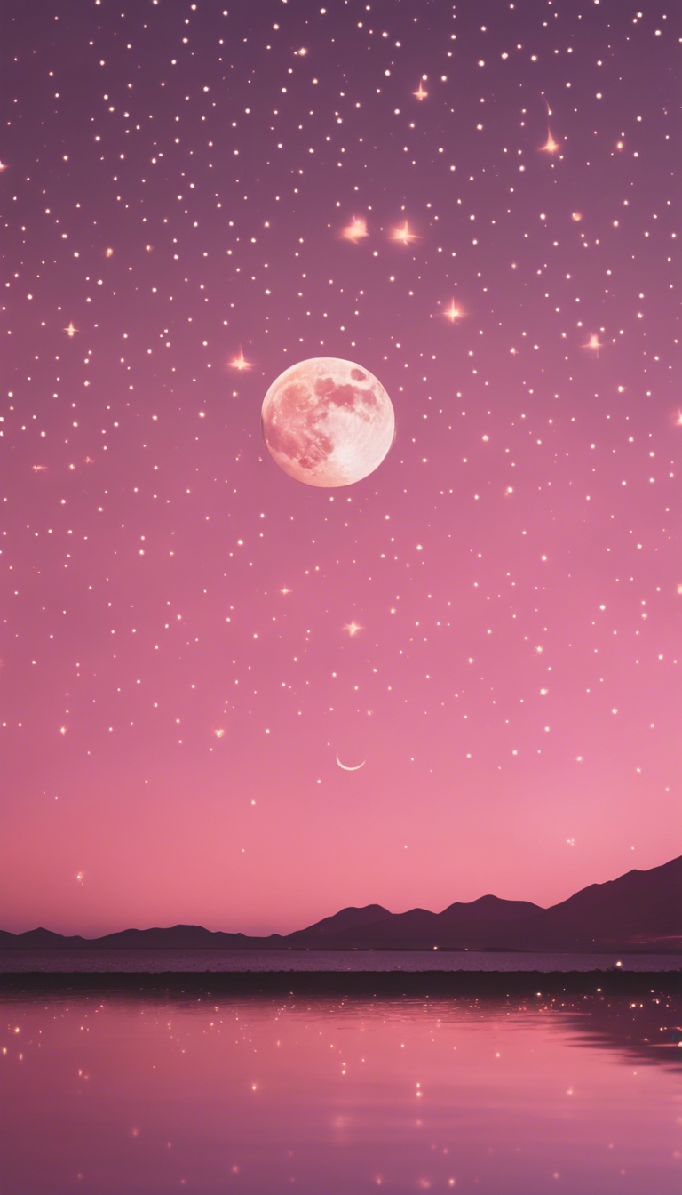 Interplay of crescent moon shapes and stars basking in the warm, pink twilight aura. Wallpaper[89411e6715834f0bbf84]