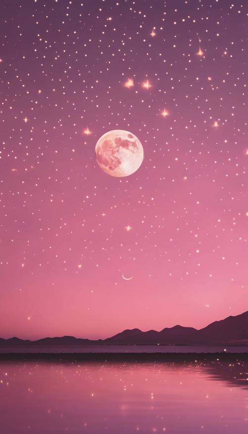 新月形状和星星的相互作用，沐浴在温暖的粉红色暮光氛围中。